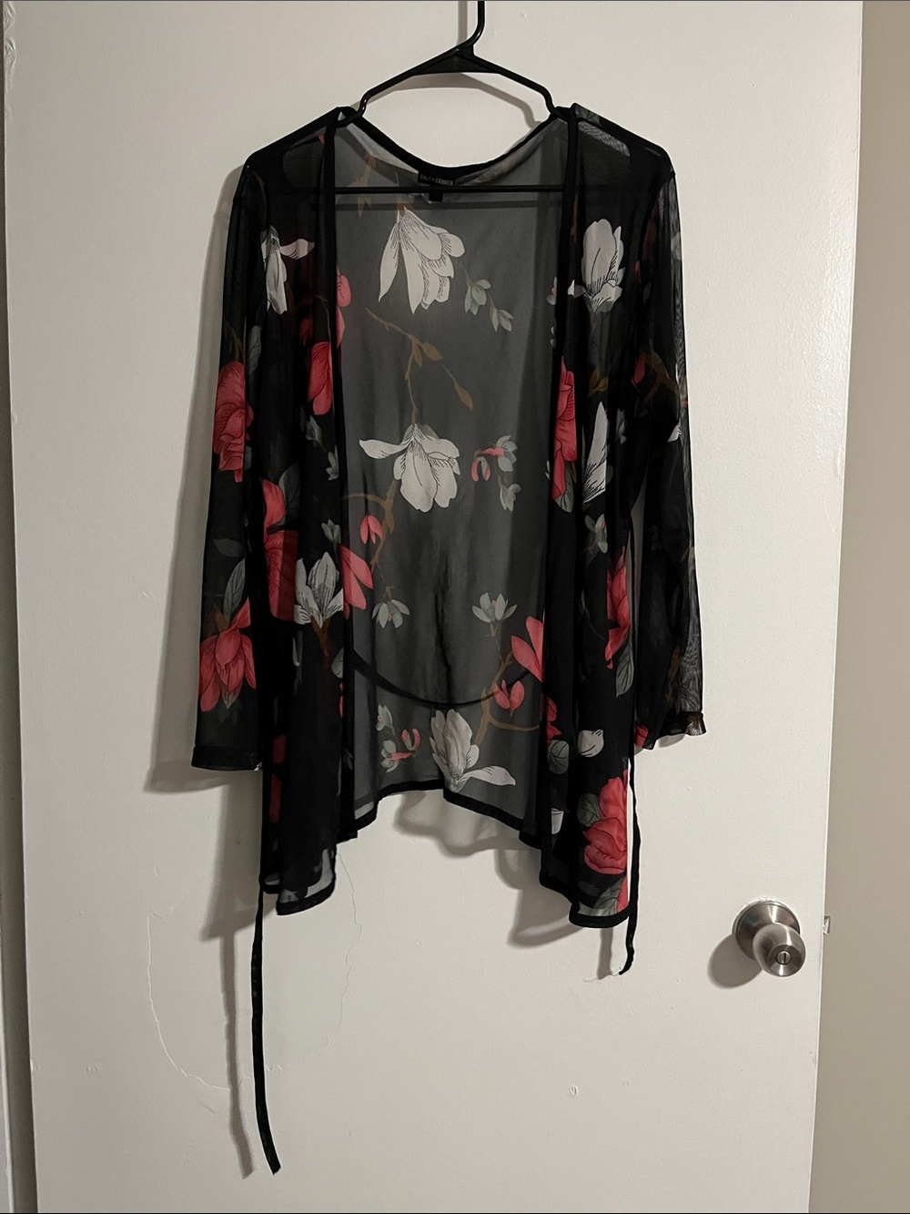 Coco + Carmen Black Sheer Floral Kimono with Red and White Blooms